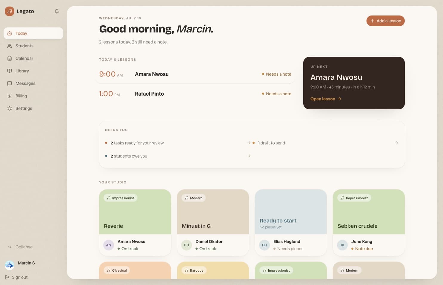 The teacher's studio dashboard in Nutmeg — today's lessons and every student